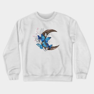 Blue butterflies on wooden crescent Crewneck Sweatshirt